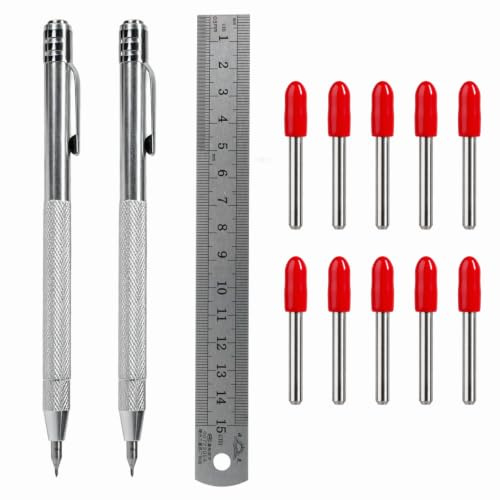 YFYWINSH Juego de herramientas de trazar, aguja de metal, 2 agujas de trazar de acero de tungsteno, 10 puntas de repuesto, regla de acero de 15 cm, aguja de trazado para metal, vidrio, baldosas de