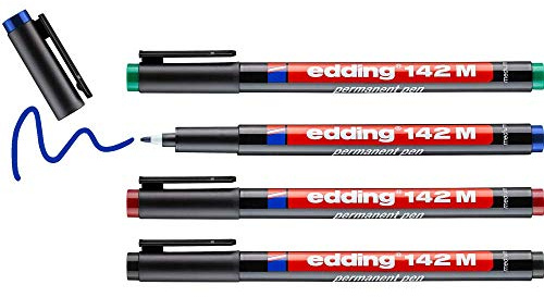 edding 142 M Permanenter Folienschreiber - 4er-Set - 4 bunte Farben-Rundspitze 1mm-zum Schreiben auf Glas Kunststoff Folien und glatten Oberflächen - permanent schnelltrocknend wisch- und wasserfest