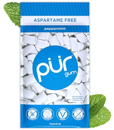 PUR Gum, Gomma Da Masticare Senza Zucchero, Con Xilitolo, Vegana, Senza Aspartame e Senza Glutine, Gomma Naturale Al Sapore Di Peppermint, 55 pezzi, confezione da 1