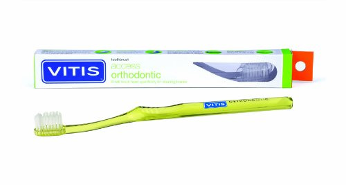 VITIS Kieferorthopädische Zahnbürste, Violett, Weiß | V-förmige Filamente, weiche und mittlere Borsten, weißer Griff, Schutzkappe, kieferorthopädische Zahnbürste