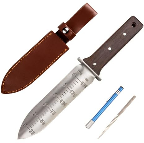 CIELCERA 12 Hori Hori Garden Knife with FREE Diamond Sharpening Rod, Stainless Steel Blade with Protective Handguard and Full Tang Handle, Comes with Thick Sheath and Gift Box