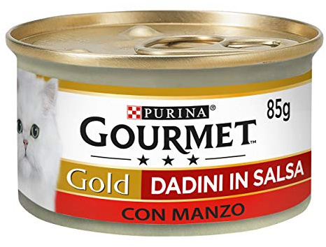 GOURMET Gold fuktig mat för vuxna katter tärningar i sås med nötkött 24 burkar 85 g