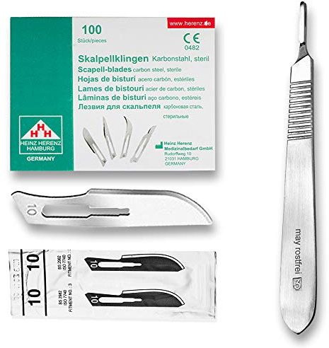 May Skalpell-Set Halter Nr. 3 100 Klingen Figur 10 | Das ultimative Vorratspaket für Profis. Beinhaltet einen rostfreien Griff der Größe 3 und 100 feine Karbonstahlklingen.