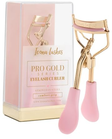 Icona Lashes Eyelash Curler - 24K Gold-Plated Stainless Steel Precision Eye Lash Curler for Lush, Luxurious Lashes - Silicone Eyelash Curler Pads, Ergonomic Cushioned Handles - With Replacement Pads