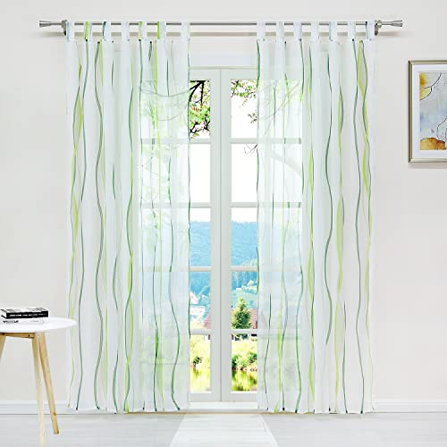 ESLIR Gardinen mit Schlaufen Vorhänge Gardinenschals Voile Grün 140x245 | Transparent, Fensterschal, 1 Stück, Schlaufenschal, Fenstergardinen, Wohnzimmer, Fenster innen, Wellen Muster, modern