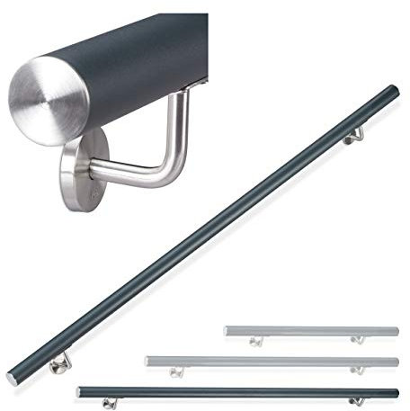 Relaxdays, anthrazit Handlauf Aluminium, rund, Treppengeländer innen & außen, matt, 200 cm, Ø 42mm, mit Wandhalterung, Edelstahl, 2000 mm, 10026021_633