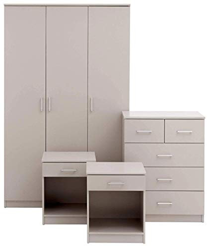 GFW Panama Bedroom Sets With Wardrobe, Chest Of Drawers & Bedside Tables, Modern Wooden Matching Bedroom Furniture Storage Set, Light Grey, 4 Piece Set