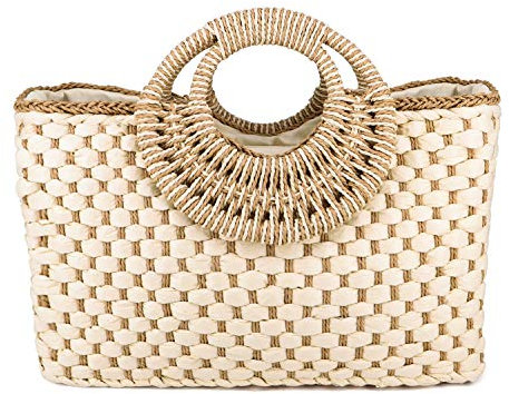 QTKJ Frauen Sommer Retro Stroh Tasche mit Reißverschluss handgewebte Strandhandtasche Top Runder Griff Boho Tote Bag Shopping und Reisen Große Tasche (Beige 2), schwarz