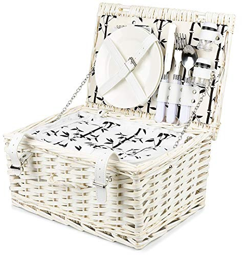 Bingo-Shop Picknickkorb für 2 Personen mit Kühlfach - Inklusive Bestecksets, Kühlfach, Korkenzieher, Weingläser und Keramikteller - 35 x 18 x 25 cm Picknickkoffer Picknickset Picknick Korb