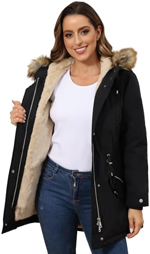 ROYAL MATRIX Women's Winter Coats Fleece Lined Parka Jacket Hooded Long Winter Warm Parka Coat with Pockets Black,18