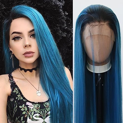 Towarm Ombre-Perücke, blau, Lace-Front-Perücke, synthetisch, lang, glatt, vorgezupft, natürlicher Haaransatz mit Babyhaar, für Damen, Cosplay & Alltag