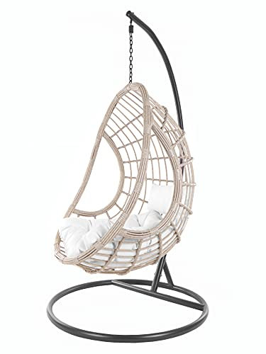 KIDEO Komplettset: Hängesessel mit Gestell & Kissen, Korbsessel, Poly-Rattan, grau-beige (Kissen: weiß Chesterstepp (1000 Snow))