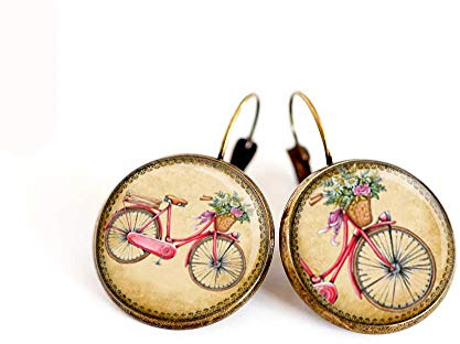 Boucles d'oreilles cabochon, Vélo, rétro, dormeuses bronze, fait mains, bijoux femme