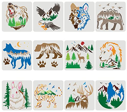 FINGERINSPIRE 12 Stück Bär Hirsch Adler Kaninchen Wolf Schablonen 30x30cm Tiger Elefantenkralle Tierschablonen zum Zeichnen, Wildlife Schablonen zum Malen auf Holzgewebe Leinwand Wände Schablone