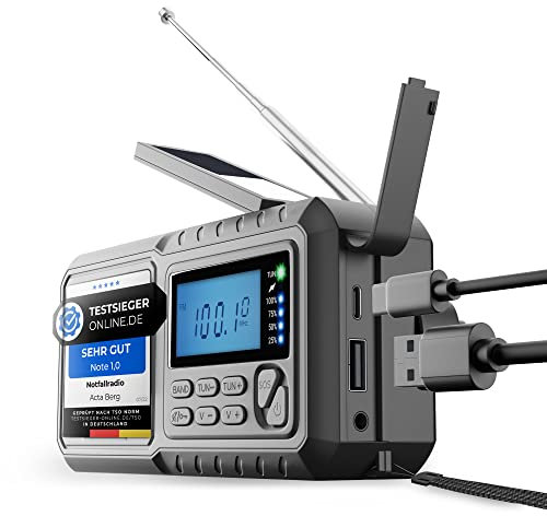 Acta Berg Crank Emergency Radio with 5000 mAh Battery, Solar & Hand Crank, Blackout Torch & Charger, AM/FM/SW, USB, Grey