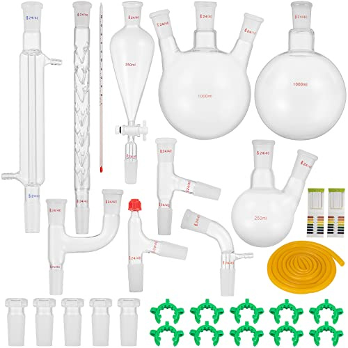VEVOR Kit de Distillation de Laboratoire, Kit de Verrerie de Laboratoire en Boro 3,3 avec Joints 24/40, Appareil de Distillation d'Huile Essentielle de 1000 mL, Ensemble de 29 Pièces de Verrerie