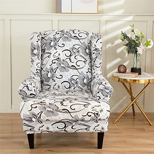 Highdi 2-Teilig Ohrensessel Bezug Sesselbezug Sesselüberwürfe Ohrensessel Überzug Klassisch Blumen Stretch Sesselhusse mit Armlehne für Ohrensessel, Relaxsessel, Fernsehsessel (Grau)
