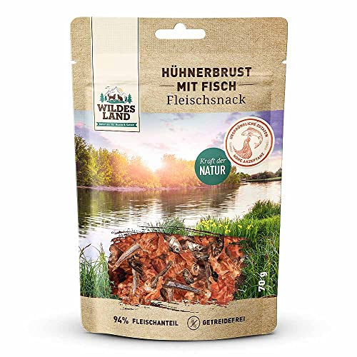 WILDES LAND – Hühnerbrust mit Fisch | Kausnack mit natürlichen Zutaten und extra hohem Fleischanteil für ausgewachsene Hunde. Getreidefreier Hundesnack ohne Zusatzstoffe im Beutel | 5x70g Huhn & Fisch