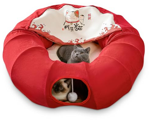 ALLSOPETS Katzenbett Katzentunnel 2 in 1 Rundes Faltbares Katzentunnelspielzeug Katzenbett mit 1 Hängenden Kratzbällen für Katzen Kätzchen Kaninchen Welpen Kleintiere Rot