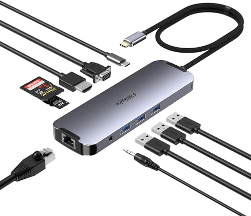 Station d'accueil USB C double moniteur 10 en 1, adaptateur USB-C vers HDMI VGA avec charge Ethernet 1 Gbit/s 100 W, hub USB C vers USB, audio 3.5, lecteur de cartes compatible avec ordinateurs