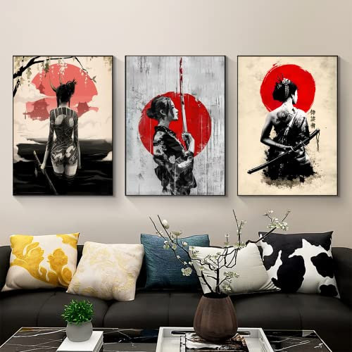 LYBOHO Japanisch Frau Poster Bilder Leinwand Wandkunst Leinwandbilder Kunstdrucke Wohnzimmer Wanddeko (Rahmenlos) (3PCS-40x60cm)