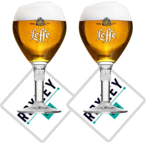 Roxley Leffe - Juego de 2 vasos nucleados de media pinta de 33 cl, también vienen con 2 alfombrillas de bar de la marca Lager Beer Glass Man Cave, fabricado en Reino Unido