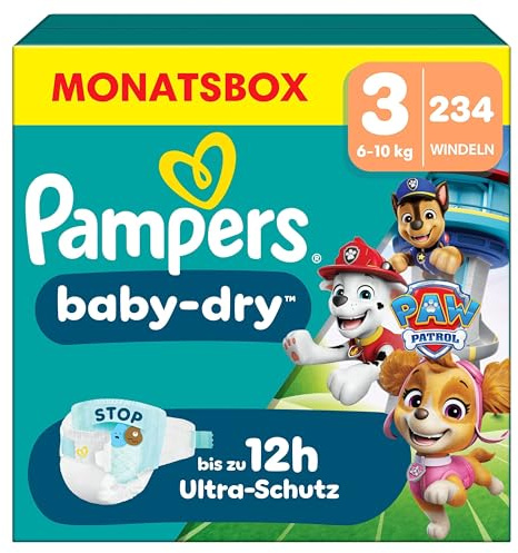 Pampers Baby-Dry Blöjor Storlek 3 (6–10 kg), 234 babyblöjor, 1 månadspaket, utgåva Paw Patrol till undsättning mot läckage, med en Stop & Protect-ficka, exklusivt Amazon