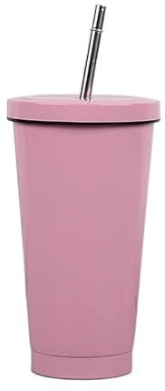 16 Unzen 304 Edelstahlbecher mit Metallstroh Große Kapazitäts-Isolierflaschen Einfarbiger Kaffeebecher(Pink)