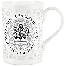 Purely Home Mug King Charles III Coronation 2023 – Tasse en porcelaine fine noire et blanche avec emblème commémoratif officiel