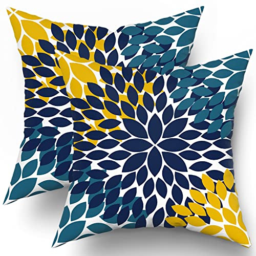 Kawani Navy Blue Yellow Pillow Covers 20x20 Teal Yellow Dahlias Flowers Throw Pillow Modern Farmhouse Rustic Pillow Cases Set of 2 Home Decor for Living Room Bedroom Couch Cushion Outdoor