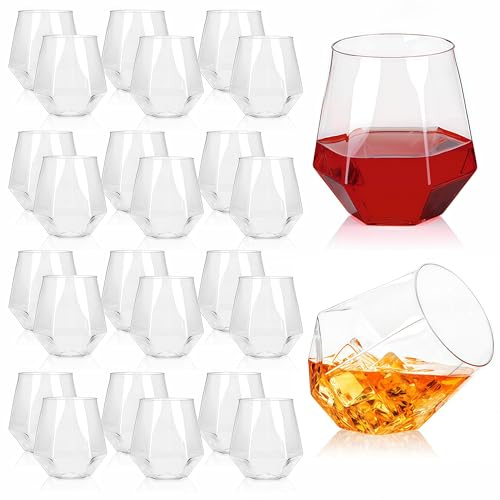 Pumtus Lot de 24 verres à vin sans pied en plastique incassable avec diamant - 355 ml - Verre transparent en Tritan pour whisky, cocktails, mariages, fêtes, bars