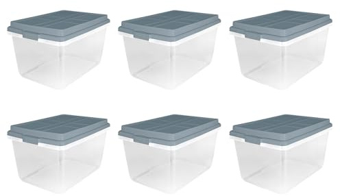 Hefty 72 Quart Hi-Rise Storage Bin with Lid, Stackable Plastic Container Tote for Home, Office, and Classroom Organization, 6 Pack, Smoke Blue