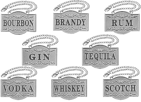 Etiquetas para decantador – Etiquetas para licor (juego de 8, plata preciosa), etiqueta para decantador de licor: ginebra, vodka, bourbon, whisky, brandy, ron, escocés, tequila – Etiquetas para