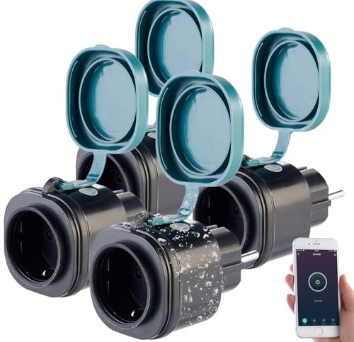 Luminea Home Control Zeitschaltuhr WLAN außen: 4er-Set Outdoor-WLAN-Steckdosen mit Energiekostenmesser, App (WLAN Steckdosen mit Fernbedienung, Steckdosen mit WLAN-Steuerung, Weihnachtsbeleuchtung)