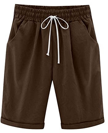 AMhomely Damen-Shorts mit Tasche, Baumwoll-Leinen-Shorts, knielang, Kordelzug-Shorts, elastische Taille, Bermuda-Shorts, aktives Workout, Lauf-Shorts, einfarbig, Übergröße, lässige Shorts für Damen,