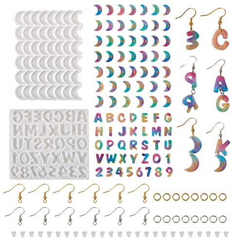 PandaHall - Set di 2 stampi in silicone per ciondoli a forma di lettere, alfabeto lunare, numeri e stampi in resina epossidica per gioielli fai da te
