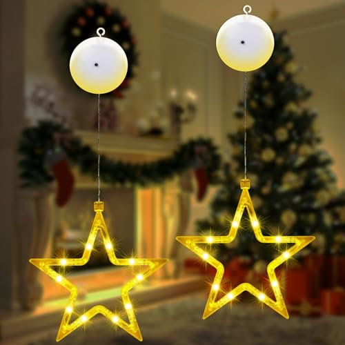 AUAUY Hanging Star Windows Lights, 2Pcs with Suction Cup, LED Warm White Battery Operated 3 Modes, for Indoor Home Wedding Party Christmas Decorations