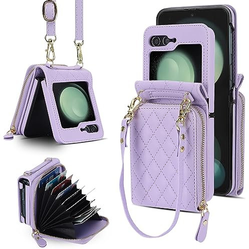XIZYO Fermeture à Glissière Paquet de Cartes Flip PU Cuir Coque pour Samsung Galaxy Z Flip 5, avec Lanière Amovible et Réglable, Housse Filles Femmes Mignon Luxe avec Porte-Cartes, Violet