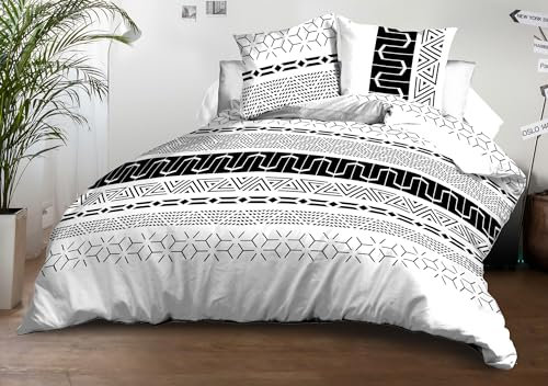Housse de Couette 220x240 + 2 taies - Microfibre Douce et résistante - Entretien Facile - Graphic, Black