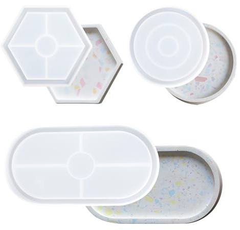 3 Stück Harztablettform Silikonformen für Harzgießen Rund Oval Sechseck Harzgießformen für Untersetzer Harz Tee Tablett Herstellung