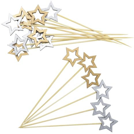 AWCIGG® 100 stycken stjärncocktailspett, guld och silver stjärna trä cocktail tandpetare, festspetspinnar för bröllop födelsedag jul ramadan Mubarak Eid Al Fitr partydekoration