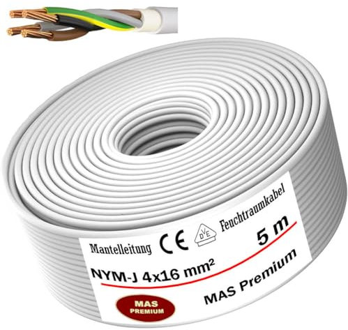 MAS Premium Cable de alimentación para ambientes húmedos, cable de alimentación de 5 a 25 m, NYM-J, 4 x 16 mm², anillo OFC para instalación fija (5 m)