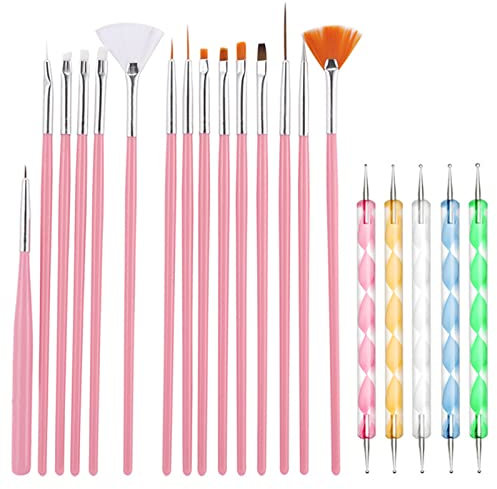 Cheerhom Set Pennelli Unghie per Gel e UV Gel, 20 Pezzi di Pennelli Unghie con Diverse Forme e Dimensioni, includono Pennelli per Disegno e Pennelli Puntaspilli Protetti in Plastica
