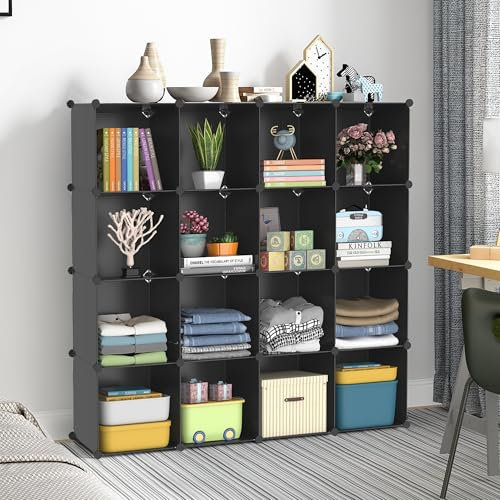 Hawthyhome 16 Cube Storage Unit, Bookshelf Cube Storage Set, DIY Cube Bookcase Unit, Ideal for Bedroom, Living Room, Office, Black 47.64 L x 12.20 W x 47.64 H