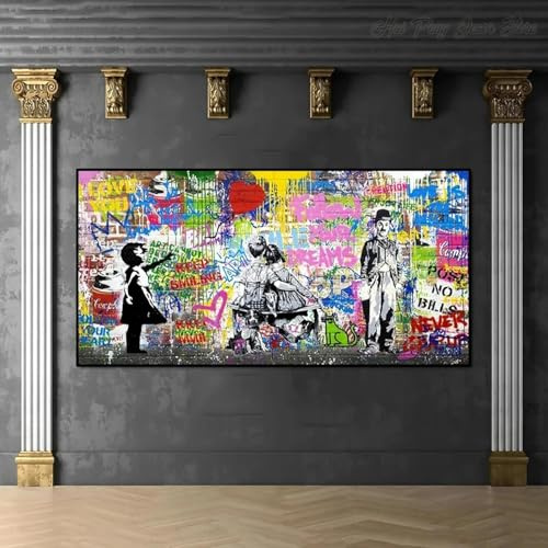 JACBON Banksy Street Art Graffiti Urban Wall Art Ballon-Mädchen Leinwandgemälde Großes Poster und Drucke für Wohnzimmerdekor 80x160cm Rahmenlos