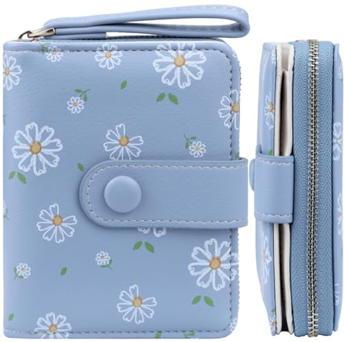 Farcauo Portemonnaie Damen Geldbeutel Frauen Geldbörsen Klein Damen Portemonnaie Mini Geldbörse Blaue Blumen Design Geldbörsen Frauen mit Ausweisfach und Kartenhüllen Klein Portmonee