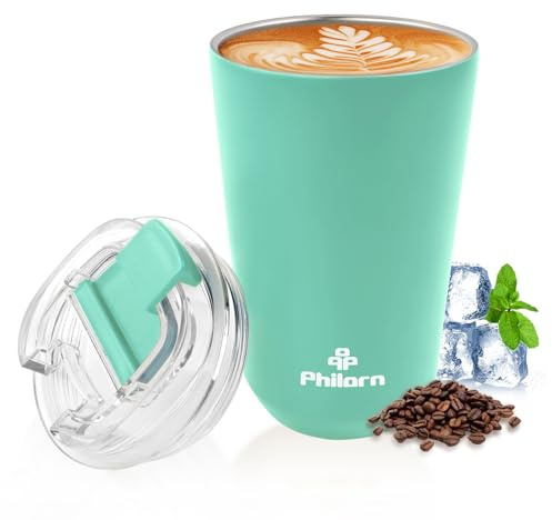 PHILORN Tazza da Caffè Isolata 380ml in Acciaio Inox - Doppia Parete Verde con Coperchio a Tenuta Stagna per Bevande Calde e Fredde da Viaggio