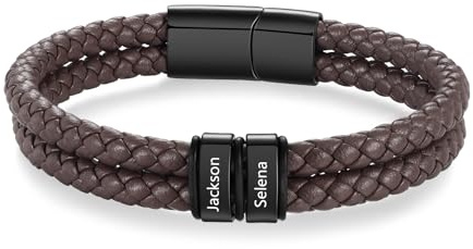 Amsgedhie armband herren - Lederarmband für Männer - Personalisiertes Namensarmband - Geschenke für Männer - Edelstahl Magnetverschluss - Geburtstag, Jahrestag, Urlaub (Name 2)