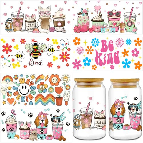 Acuiwer 6 Blätter DTF Transferaufkleber Transfer Aufkleber UV DTF Transfer Decals Tasse Wrap Transfer Sticker für Glasbecher Glas Tassen Dekor Pflanze Aufkleber (A-Cute)