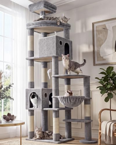 Globlazer Stort XXL katträd, gigantiskt katträd höjd 213 cm med 2 nischer, plattformar, sittpinnar, korg, klöspelare i sisal, katttorn för stora Maine Coon Ragdoll (F83, ljusgrå)